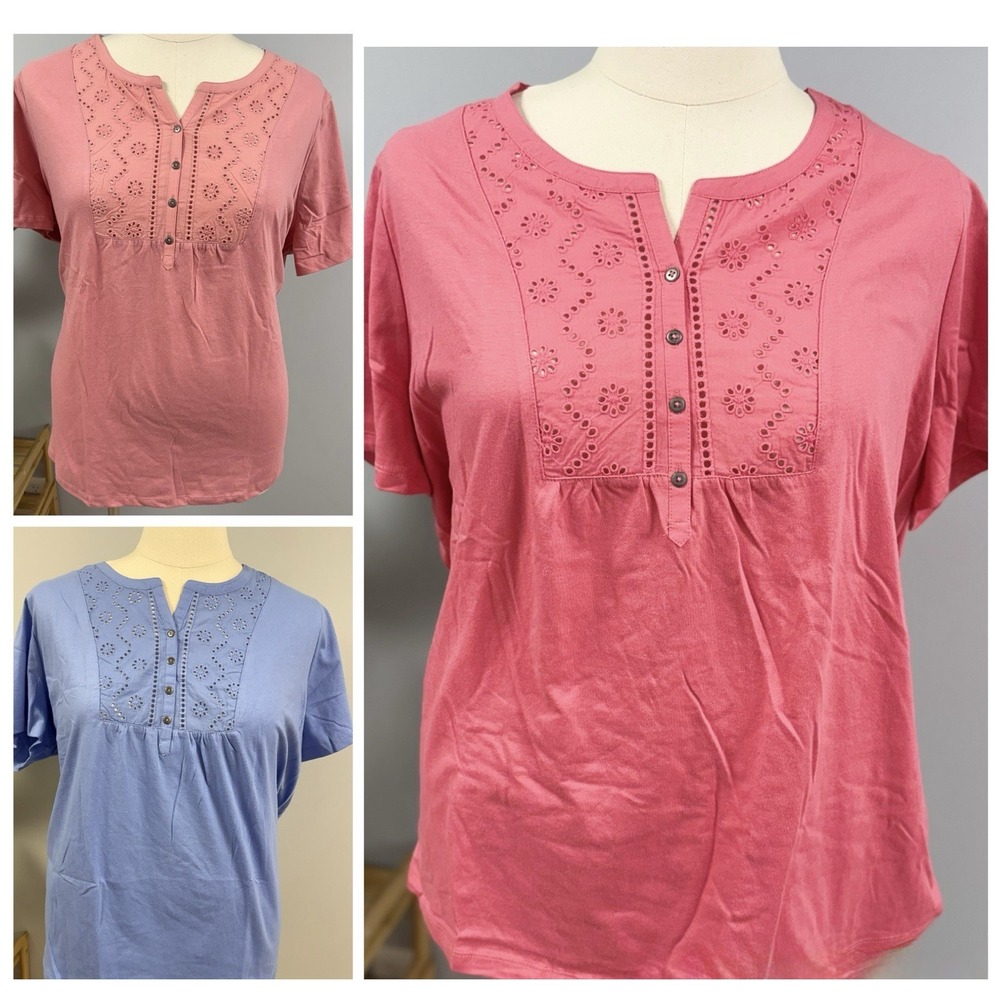 NWOT Woman Within Eyelet T-Shirt Plus 2X Pink, Dark Pink Blue Knit Top Lot Of 3